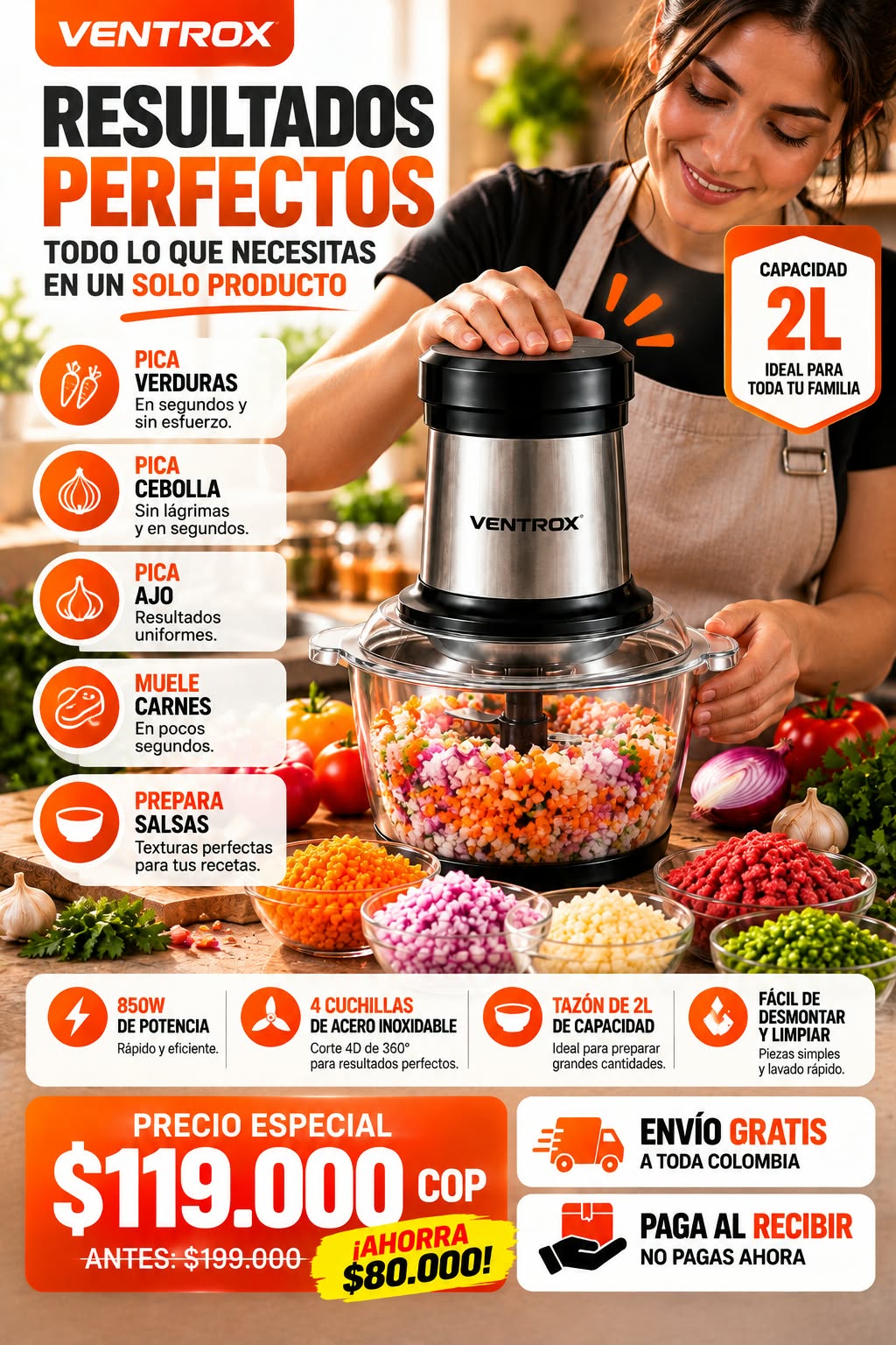 Picador de alimentos eléctrico 2l