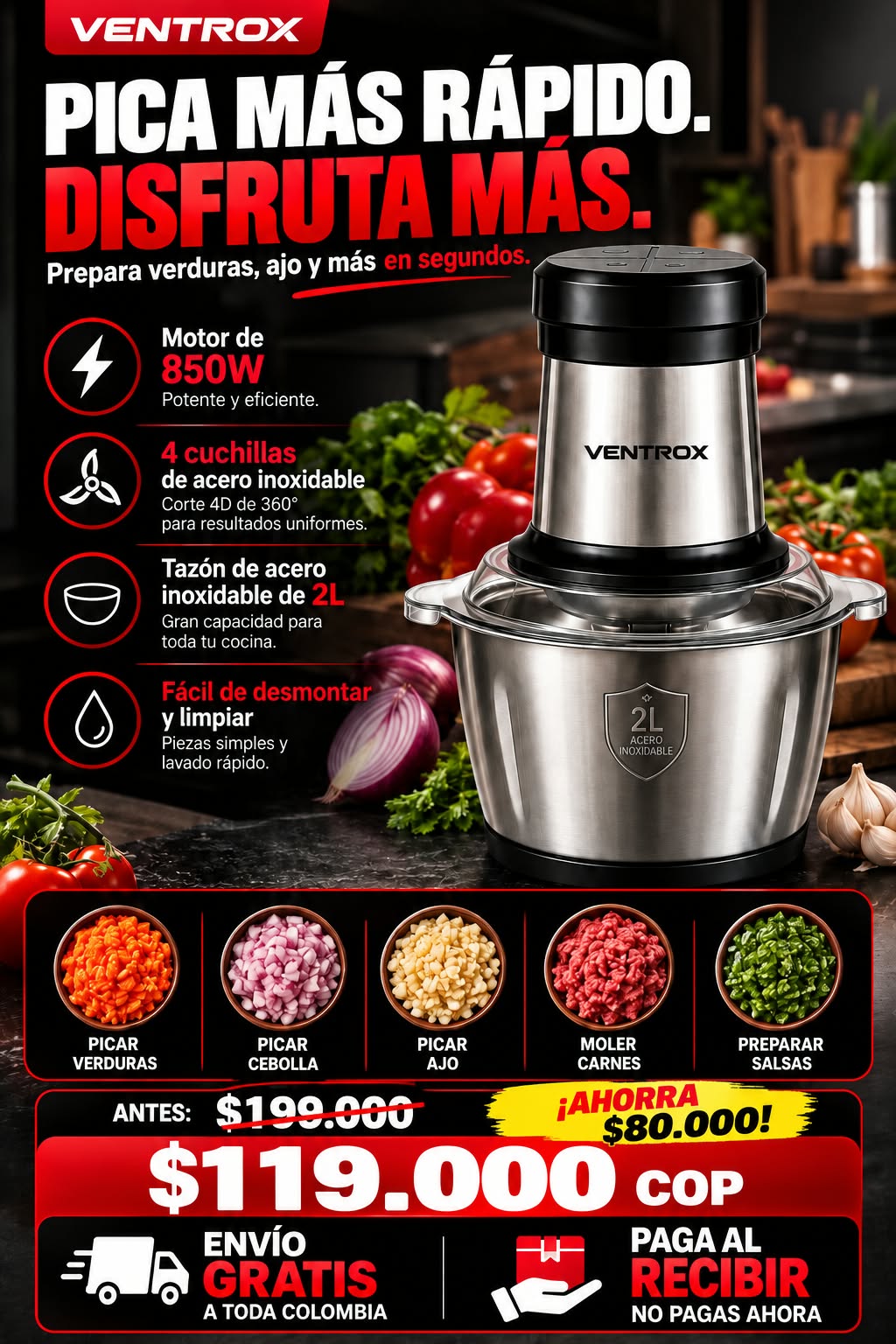 Picador de alimentos eléctrico 2l