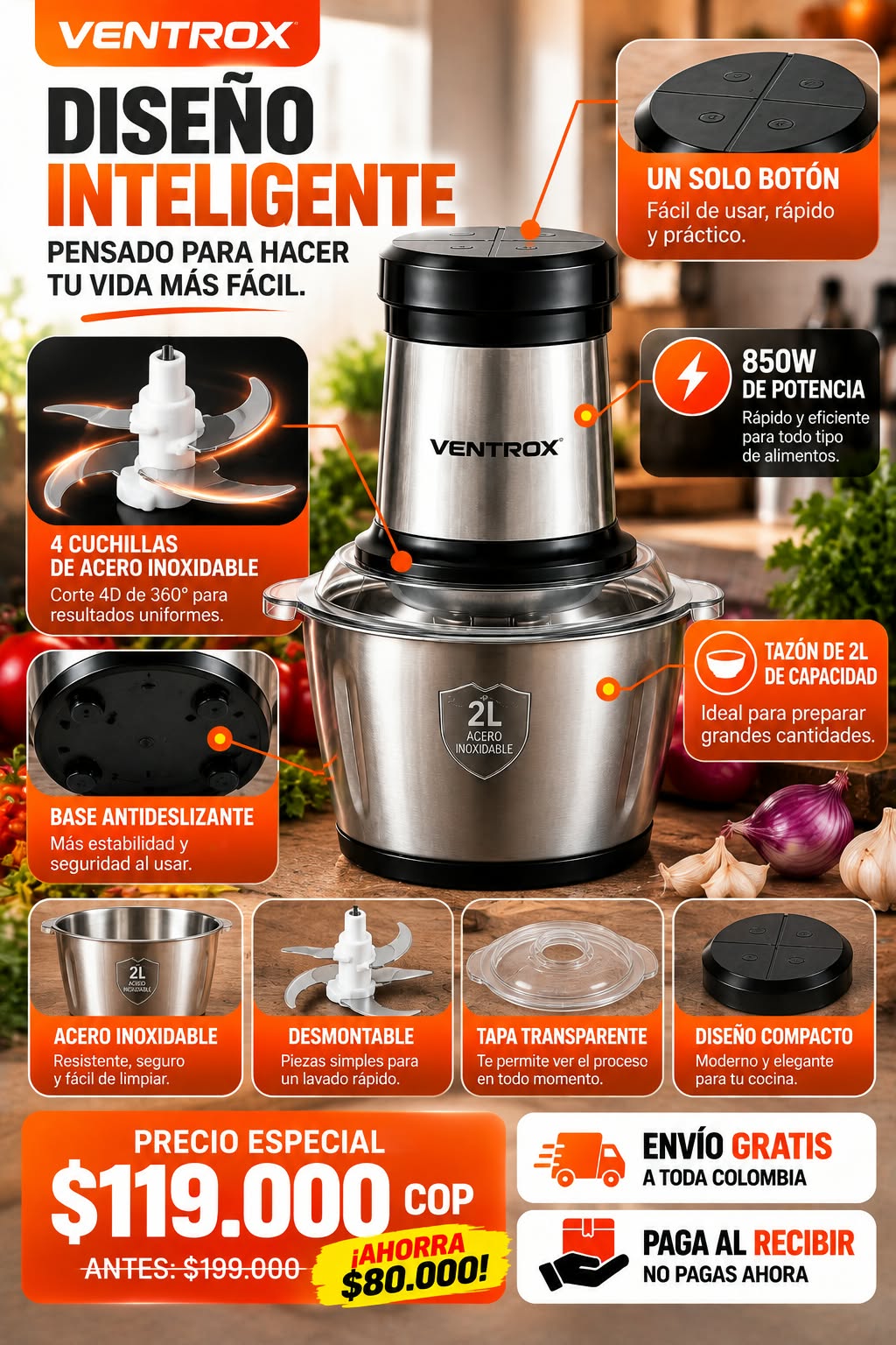 Picador de alimentos eléctrico 2l